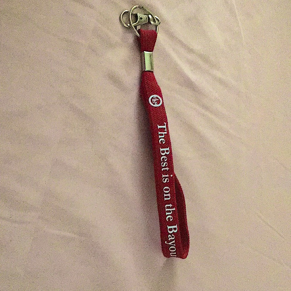A red keychain lanyard